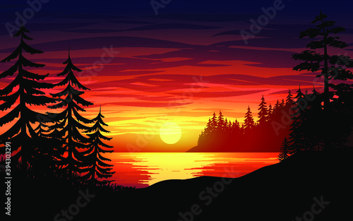 Sunset in the forest with lake