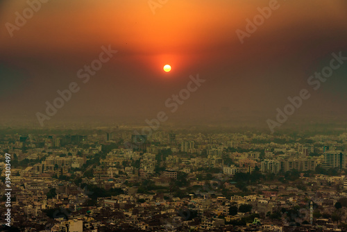 Panoramic aerial view of Jaipur city also known as Pink city during sunset from Nahargarh Fort, Rajasthan, India.