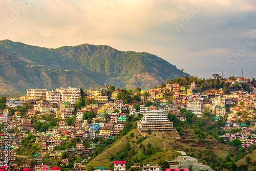 Panoramic cityscape of Solan city, the industrial hub of Himachal Pradesh located amidst Himalayas of India.