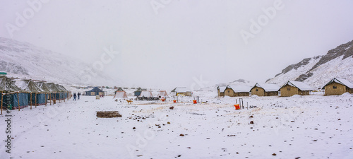 This is the view of Chandrataal  camp after snowfall. Chandratal or Lake of the moon is a high altitude lake located at 4300m in Himalayas of Spiti Valley, Himachal Pradesh, India. photo