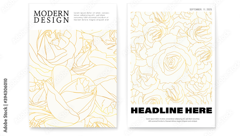 Set of modern posters with patterns of blossoming rose buds. Outline style, vector 3d illustration Set of modern posters with patterns of blossoming rose buds. Outline style, vector 3d illustration