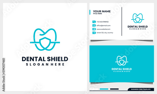 Dental logo design with Line Art style and shield protection concept with business card template