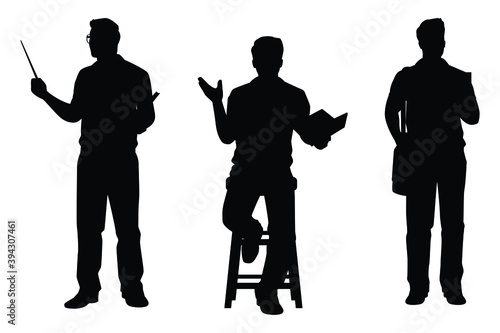Set of male teacher with book silhouette vector