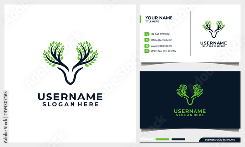 wild deer logo design with line art style and nature tree concept and business card template