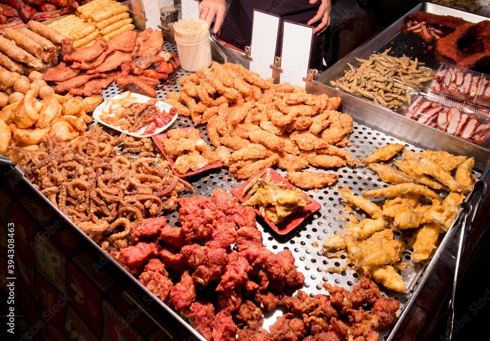 Fried, crispy seafood sold in Taiwan traditional market. Fried seafood backgrounds. Traditional Market backgrounds.