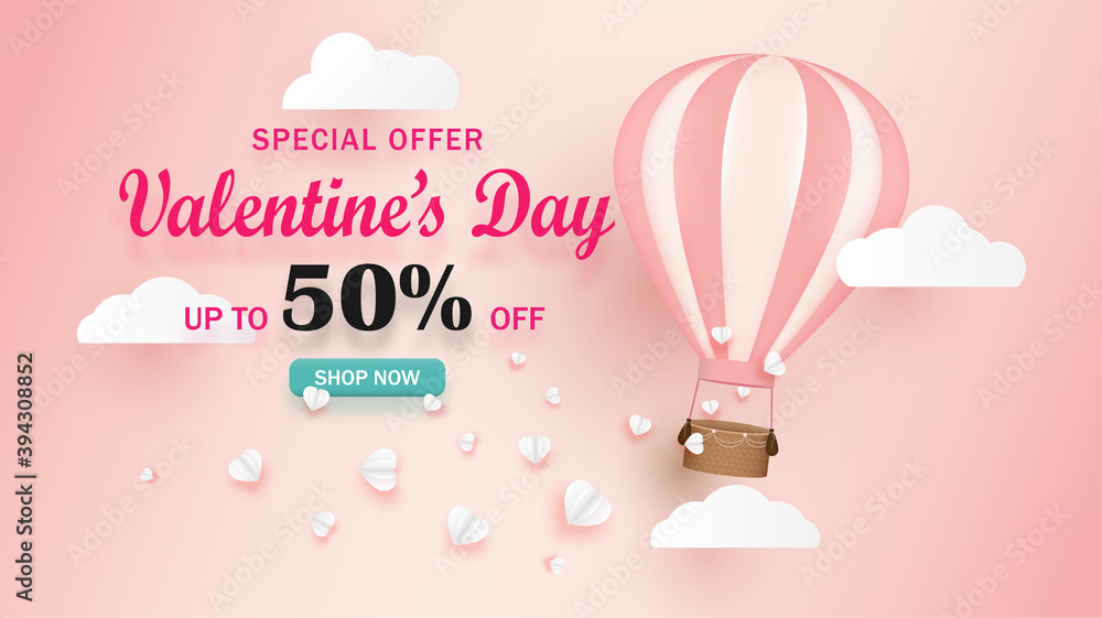 Valentine's day sale banner. Illustration of vector love decorated with balloon floating with basket has white paper hearts and scatter on sky background.  Cute cartoon. Promotion for advertising.