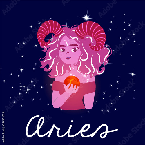 Illustration of woman of the zodiac sign Aries with her ruling planets Mars 