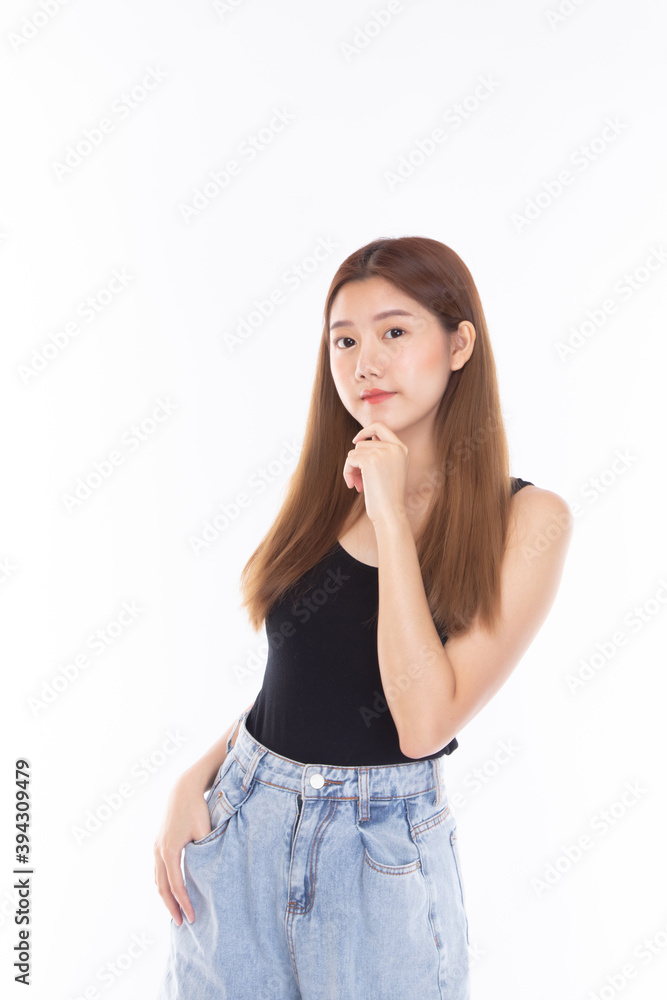 Beautiful woman wearing casual clothes smile and posing on white wall background studio portrait. Beautiful woman wearing casual clothes smile and posing on white wall background studio portrait.