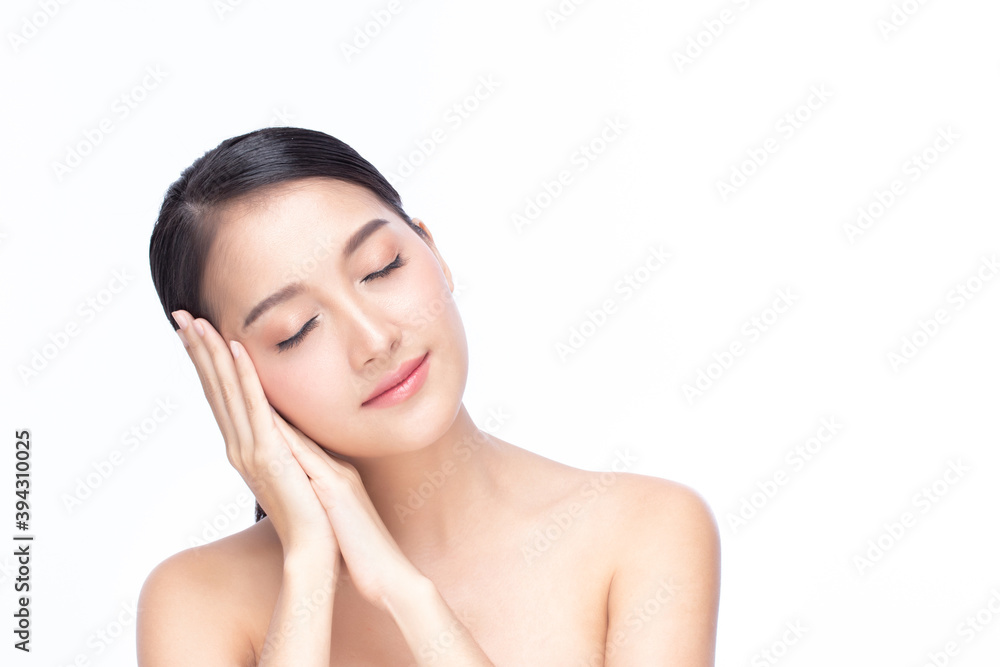 Beautiful spa model girl with perfect fresh clean skin. Beauty woman face portrait isolated on white background.