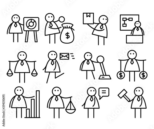 business people in various activities; businessman holding money bag, hammer, box, balance scale and presenting