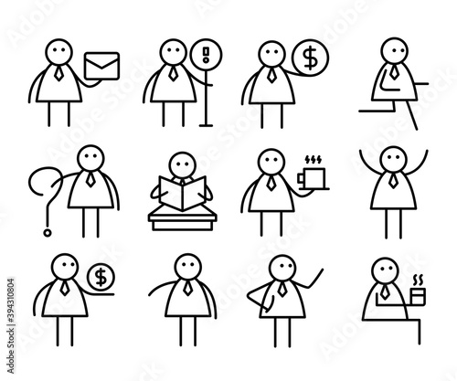 business people in various activities; businessman holding mail, coffee cup, money, question mark and reading book