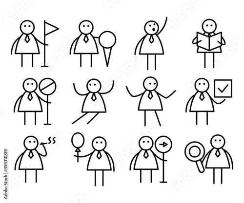 doodle business people in various activity; businessman holding flag, pin, check mark, magnifier and reading book