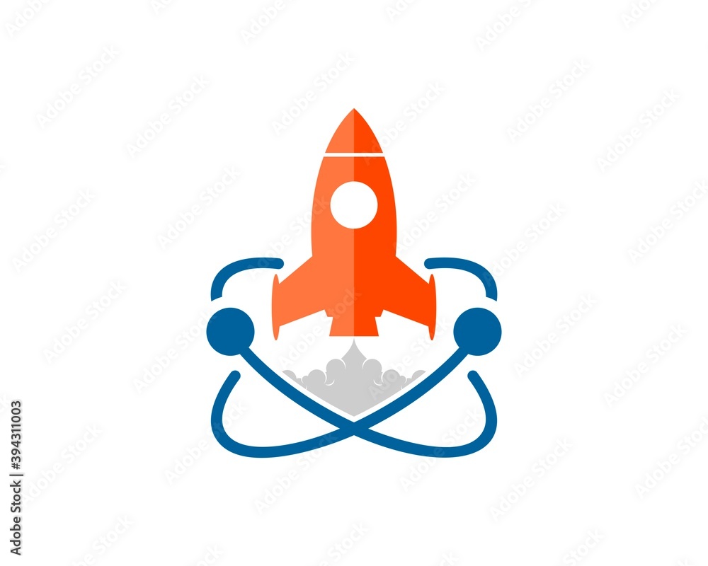 Atom symbol with orange rocket launch Atom symbol with orange rocket launch