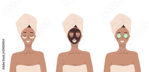 Woman do cosmetic spa procedures for face skin. Morning routine. Bath time. Cucumbers on eyes, eye patches and cream. Organic products. Vector illustration in flat cartoon style.