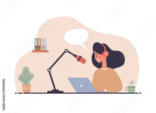 Flat vector illustration of podcast. Woman in headphones at table recording audio broadcast. Interview with radio host. Cartoon style.