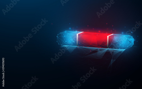 Police car lights on dark blue background. Low poly model design. 3d Vector illustration