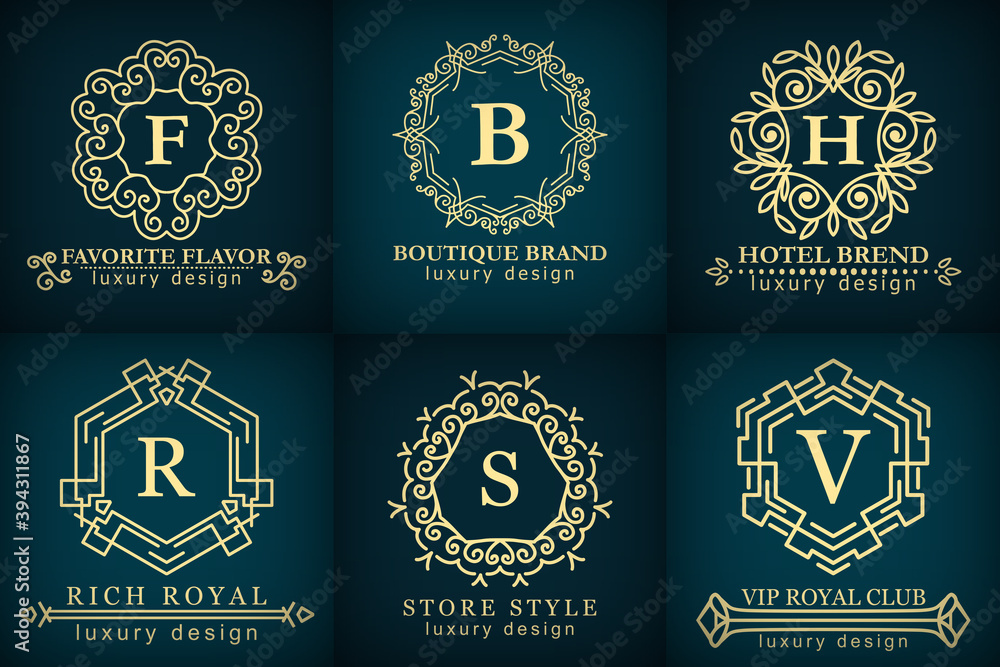 Vintage antique classic logos set. Template elegant modern Design for  premium Label, Frame, Product Tags. Retro flourish Emblem Decor. Stock  Vector