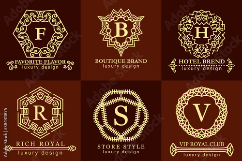 Vintage antique logos Monogram set. Template elegant modern Design for premium Label, Frame, Product Tags. Retro flourish Emblem Decor.