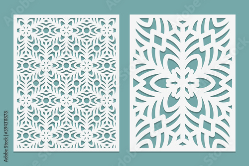 Die and laser cut Ornamental panels with snowflakes pattern. Laser cutting lace borders. Invitation and Greeting card templates. For laser or plotter cutting or printing serigraphy