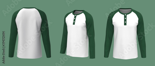 Fotografie Blank raglan henley t-shirt with long sleeve mockup, front, side and back views,