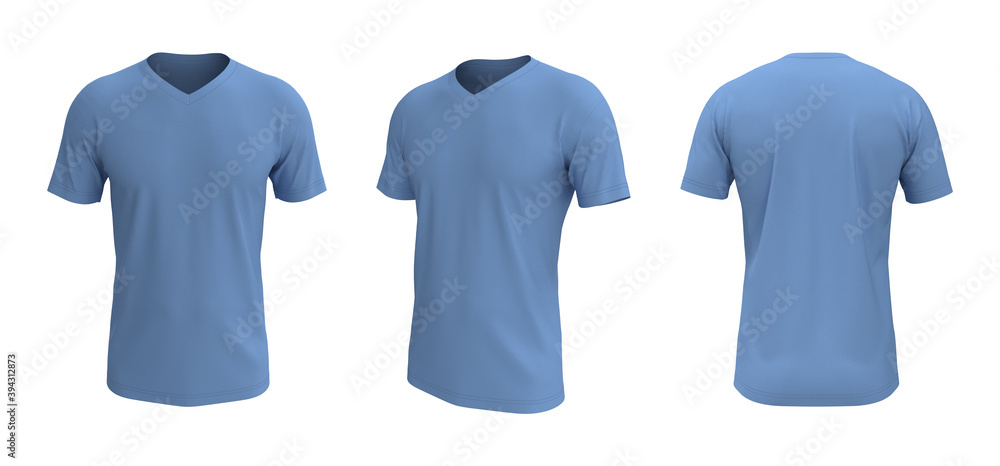 men's short sleeve t-shirt mockup in front, side and back views, design presentation for print, 3d illustration, 3d rendering men's short sleeve t-shirt mockup in front, side and back views, design presentation for print, 3d illustration, 3d rendering