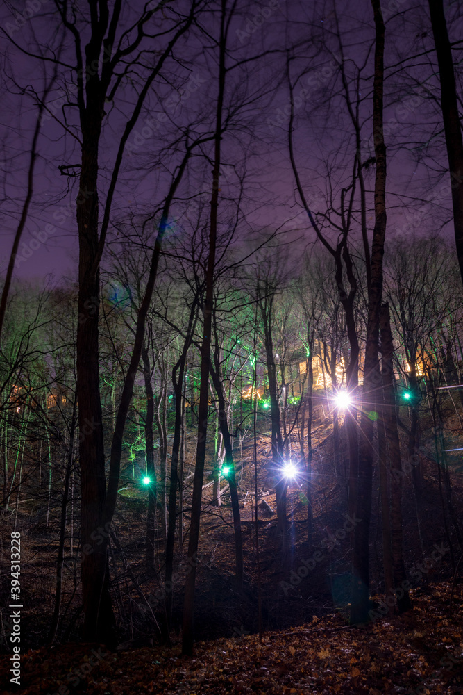 A house on a hill in the woods beside the old Belt Line Trail in Toronto, Ontario lights up the surrounding forest.