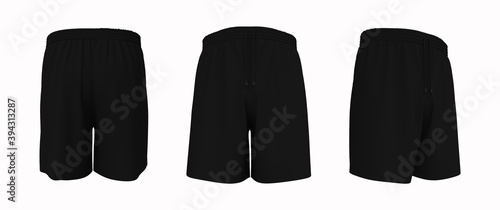 Blank sweat shorts mockup in front, back and side views. 3d rendering, 3d illustration. photo