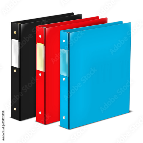 Closed ring binder file folder with label holding pocket on spine. Color mockup set. Black, red, blue colours. Easy to recolor