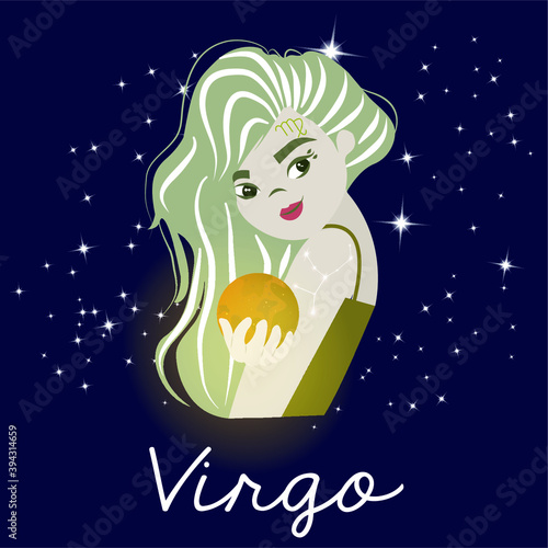 Illustration of woman of the zodiac sign Virgo with her ruling planets Mercury