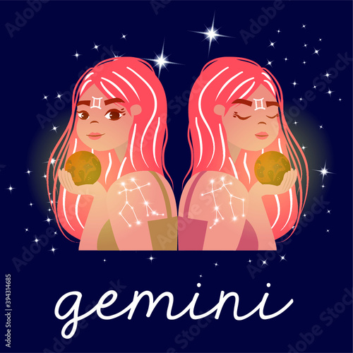 Illustration of woman of the zodiac sign Gemini with her ruling planets Mercury 