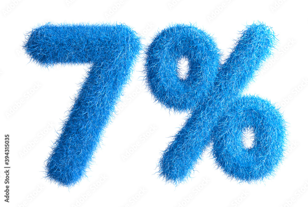 7% made from fur, fur font, 3d alphabet. Special offer seven percent off discount tag. 3d illustration. 7% made from fur, fur font, 3d alphabet. Special offer seven percent off discount tag. 3d illustration.