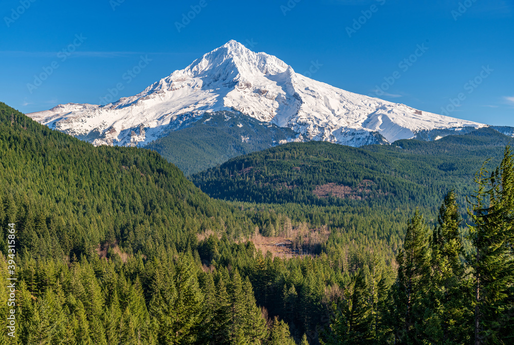 Mount Hood covered in snow in Oregon state.