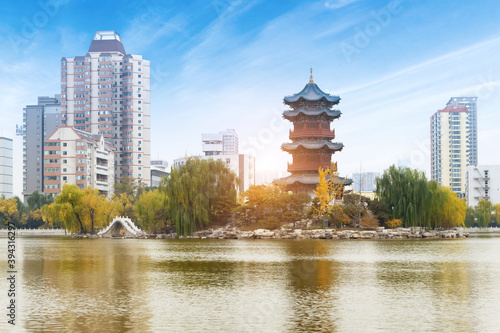 Photography Two ancient pagodas are in the temple, Taiyuan, Shanxi Province, China