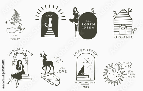 Beauty occult collection with cat, deer,bear,flower,house.Vector illustration for icon,sticker,printable and tattoo