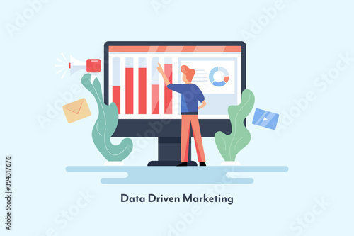 Businessman - data analysis report, key performance indicator on computer dashboard screen. Data driven marketing concept. Flat design landing page with character. 