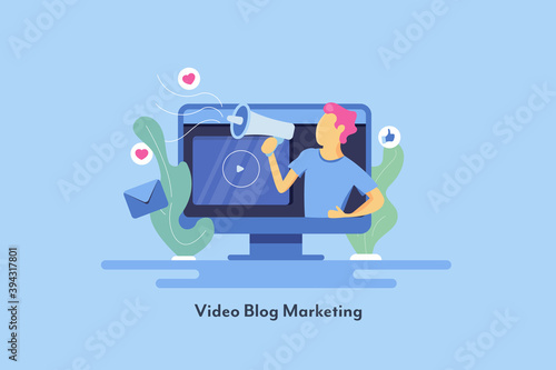 Video marketing, influencer video blogging concept. Man with megaphone influencing people on social media with video content. Flat design modern marketing illustration.