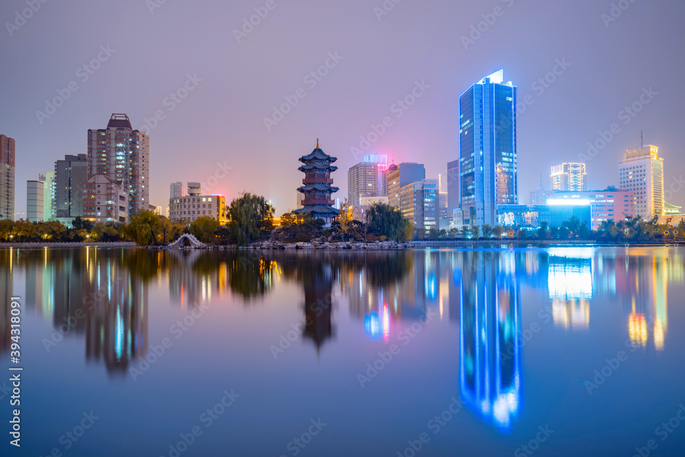 At night, the city skyline is in Taiyuan, Shanxi Province, China