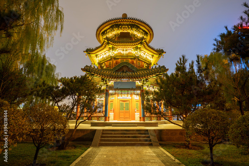 The attic of old buildings in Taiyuan Yingze Park at night
