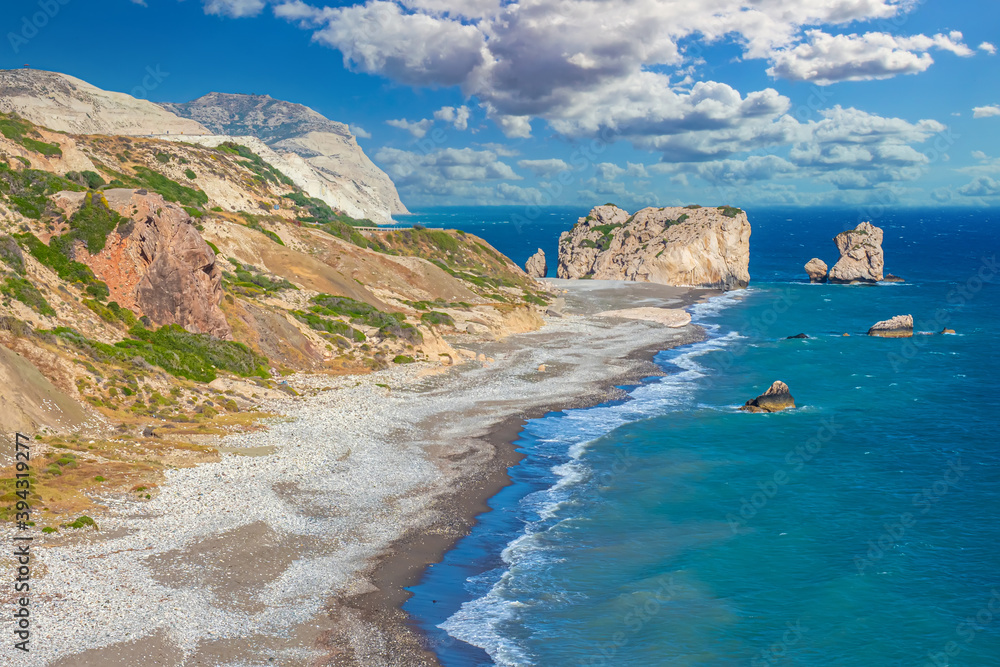 Fototapeta premium Island of Cyprus. Aphrodite's rock on the shore of the Mediterranean sea. Pathos. Kuklia. Petra tou Romiou. The birthplace of Aphrodite according to legend. Nature Of Cyprus. Sights Of Cyprus.