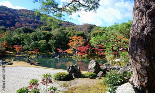 Grainy out of focus autumn season picture of the Tenryuji Temple in Kyoto Japan photo