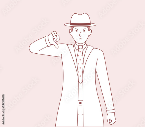 Vector illustration of a man who shows a gesture of disagreement and negative emotions on his face. Men detective cartoon art