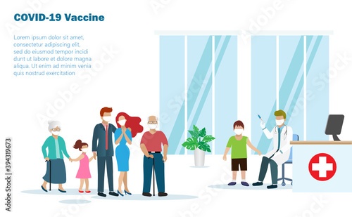 Big family wearing face mask, married couple with kids and elderly at hospital waiting for covid-19 coronavirus vaccine injection by doctor. Medical and healthcare for all generation concept.