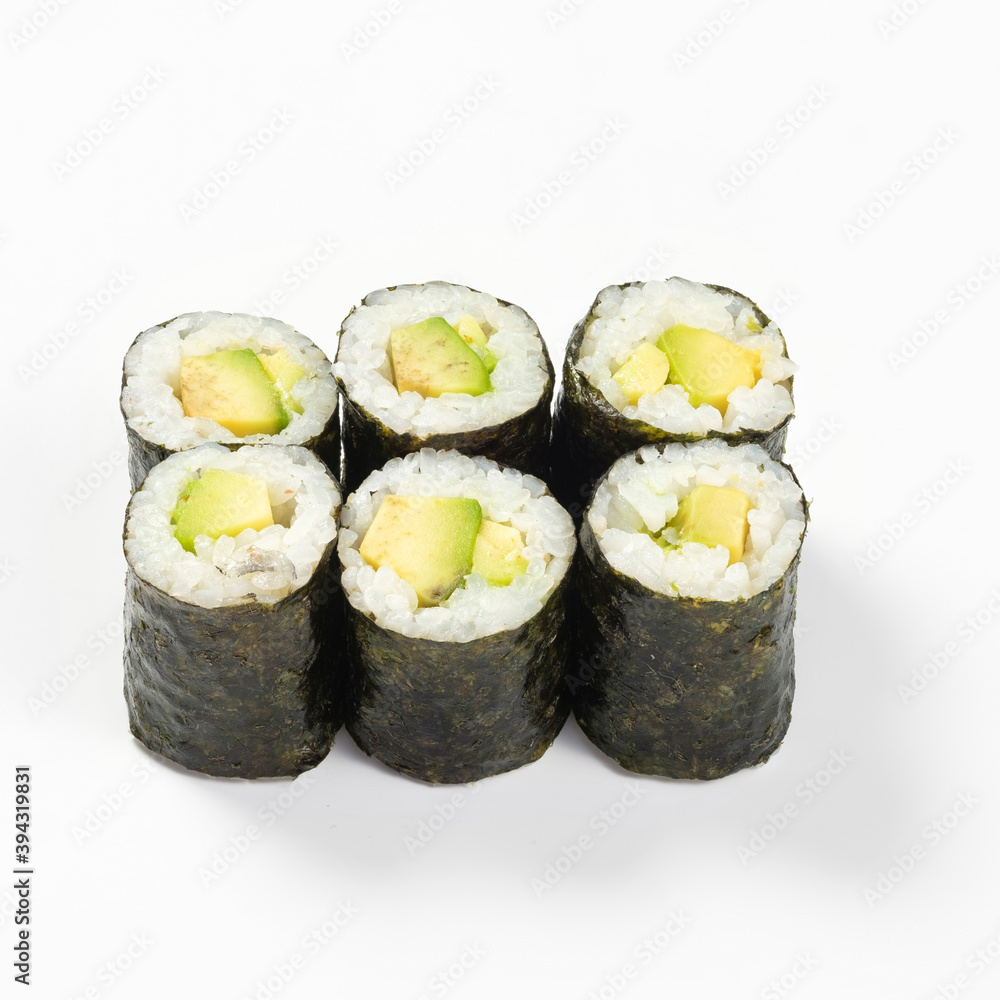 Avocado rolls isolated on white background.Close-up. Japanese food concept. Avocado rolls isolated on white background.Close-up. Japanese food concept.
