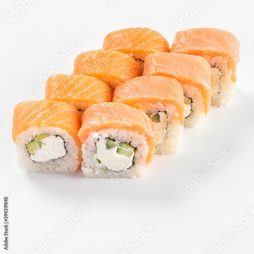 Rolls with tuna and salmon isolated on white background.Close-up. Japanese food concept.