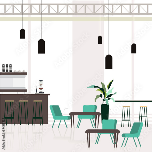 Empty interior cafe, cafeteria design with bar counter and place for customers