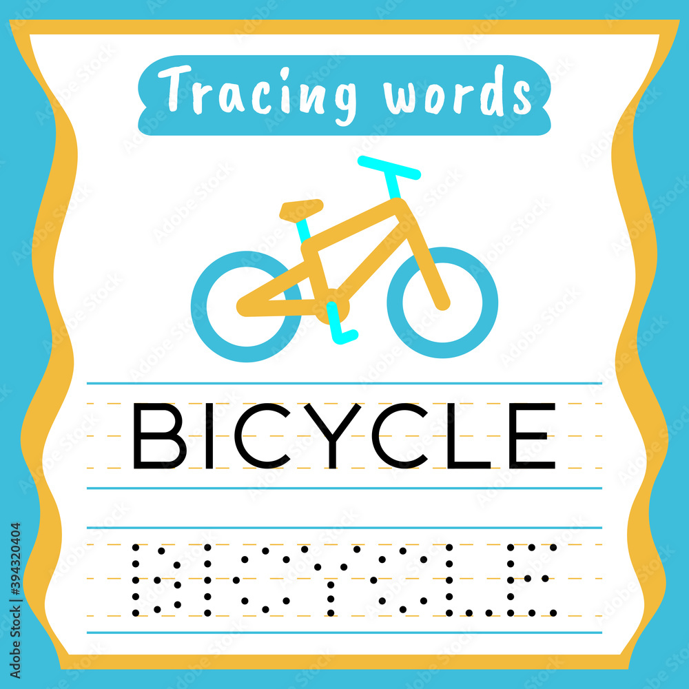 Fototapeta premium Tracing words with bicycle printable educational worksheet for kids..