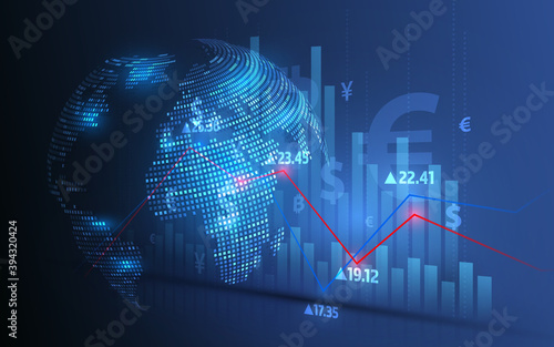 Stock market analysis and stock trading, currency symbols, business graphs and global money transfers