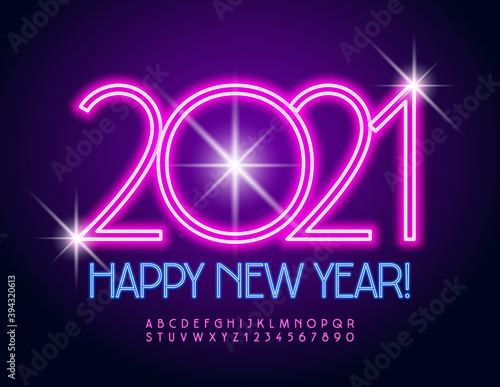 Vector neon greeting cardHappy New Year 2021! Trendy  illuminated Font. Glowing Alphabet Letters and Numbers set photo