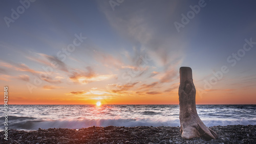 Sunset over the sea. The sun is low on the horizon. The sky is painted in golden and pink tones. The waves roll with foam on the pebble beach. In the foreground is a weathered log.