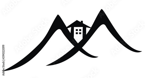 mountain hotel, vector web icon, black silhouette